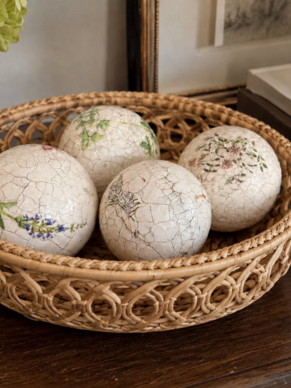 Set of 4 Decorative Floral Crackle Balls (Basket is Not Included)